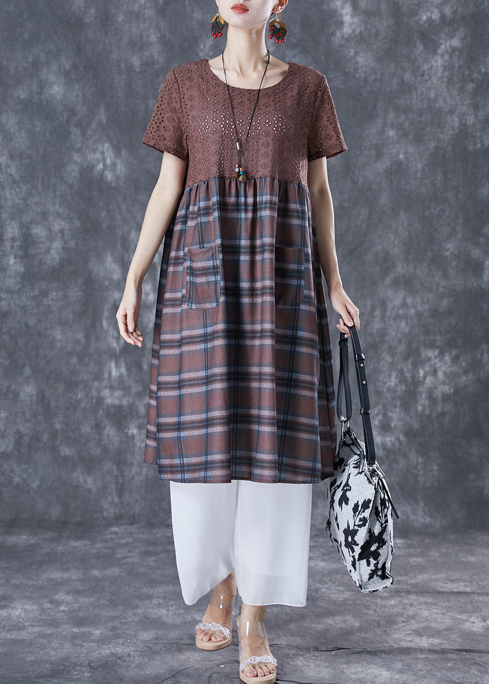 Unique Coffee Hollow Out Patchwork Plaid Cotton Dresses Summer TA1044