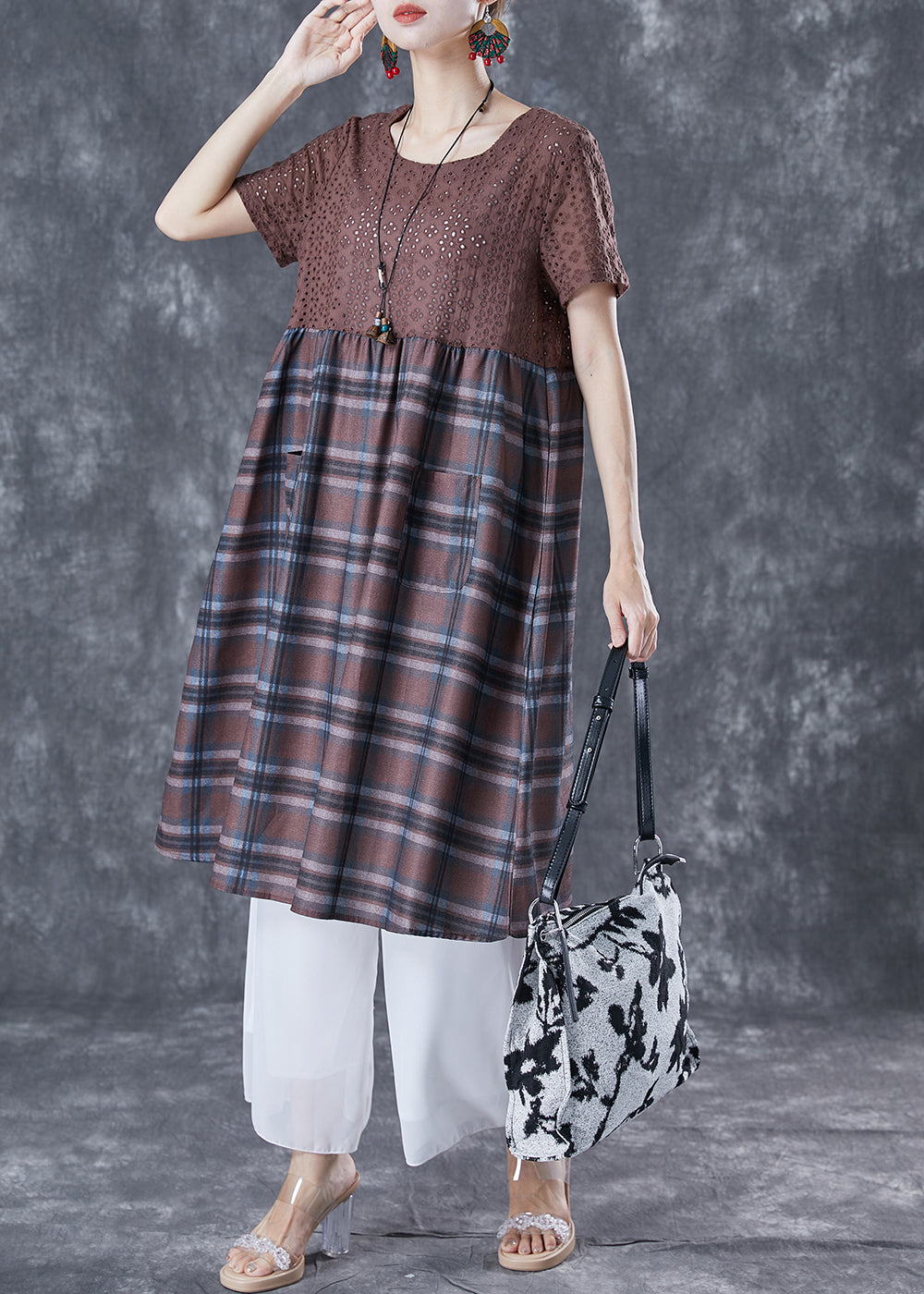 Unique Coffee Hollow Out Patchwork Plaid Cotton Dresses Summer TA1044