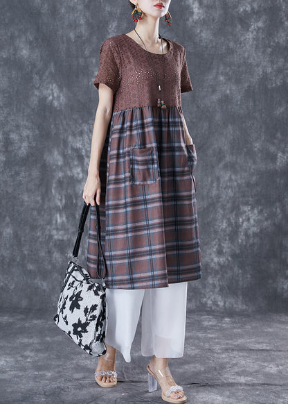 Unique Coffee Hollow Out Patchwork Plaid Cotton Dresses Summer TA1044