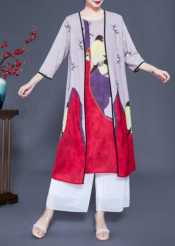 Unique Colorblock Oversized Print Silk Cardigans Two Pieces Set Spring LY0939