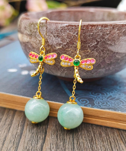 Unique Cyan Sterling Silver Overgild Jade Dragonfly Tassel Drop Earrings Ada Fashion