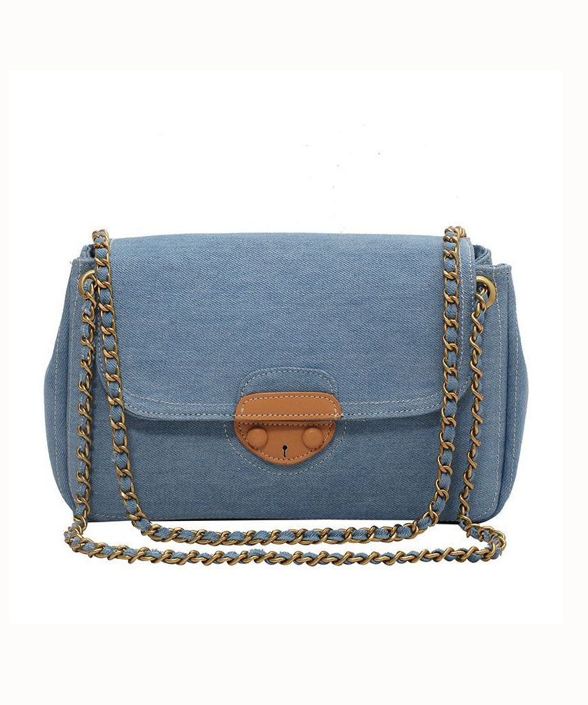 Unique Denim Blue Patchwork Chain Canvas Satchel Handbag LY1381