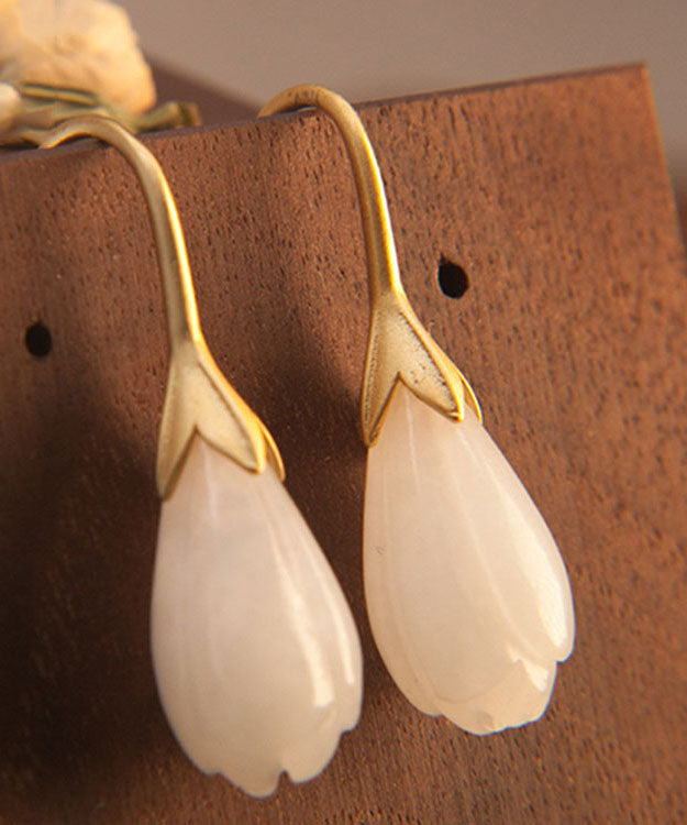 Unique Gold Sterling Silver Inlaid White Jade Drop Earrings TW1024