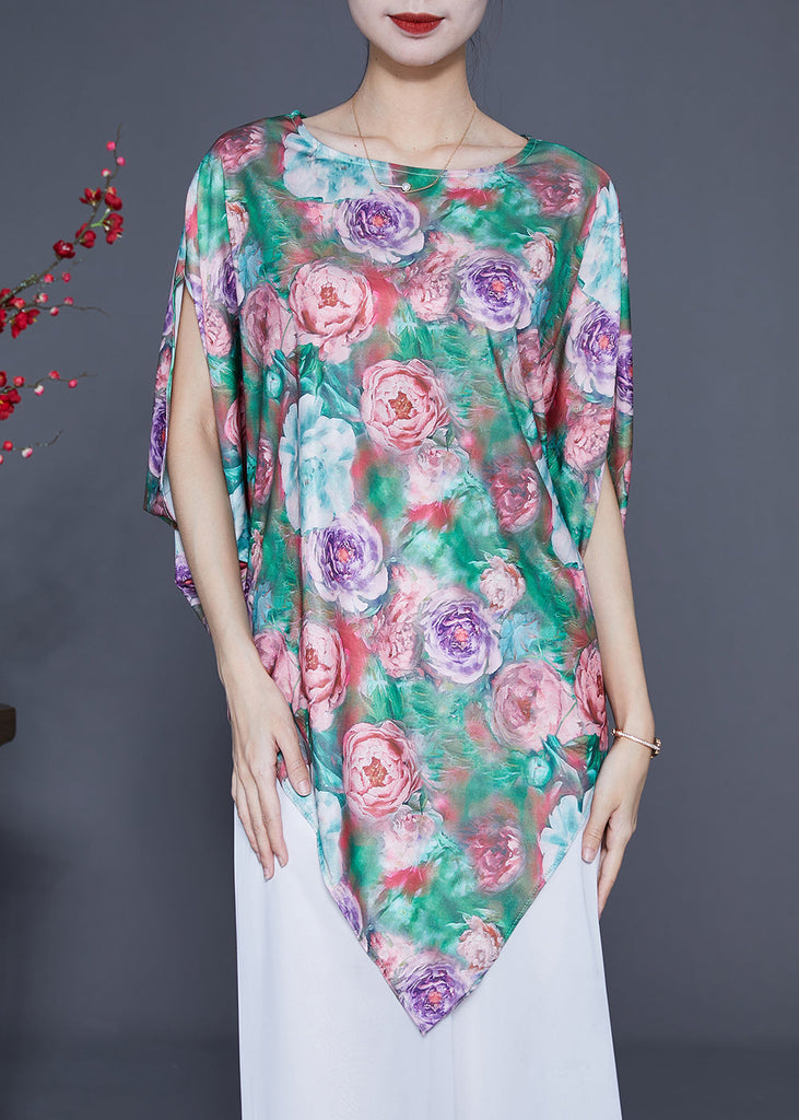 Unique Green Asymmetrical Floral Print Silk Tank Batwing Sleeve LY1768