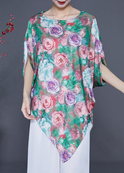 Unique Green Asymmetrical Floral Print Silk Tank Batwing Sleeve LY1768