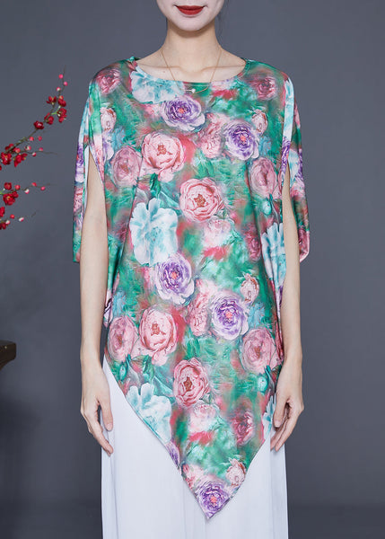 Unique Green Asymmetrical Floral Print Silk Tank Batwing Sleeve LY1768