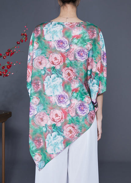 Unique Green Asymmetrical Floral Print Silk Tank Batwing Sleeve LY1768