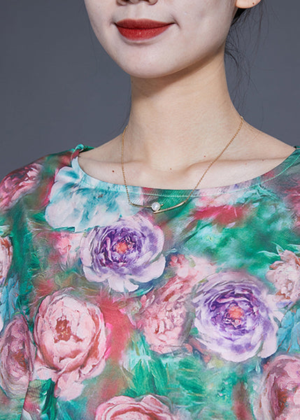 Unique Green Asymmetrical Floral Print Silk Tank Batwing Sleeve LY1768