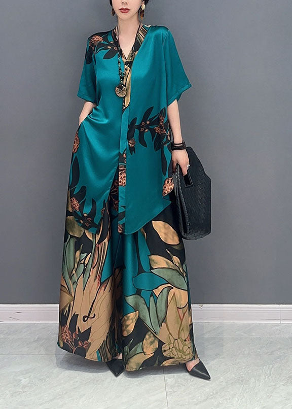 Unique Green Oversized Print Chiffon Women Sets 2 Pieces Summer LY1599