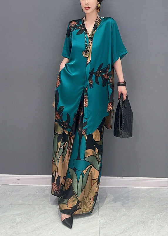 Unique Green Oversized Print Chiffon Women Sets 2 Pieces Summer LY1599