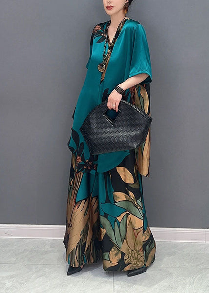 Unique Green Oversized Print Chiffon Women Sets 2 Pieces Summer LY1599