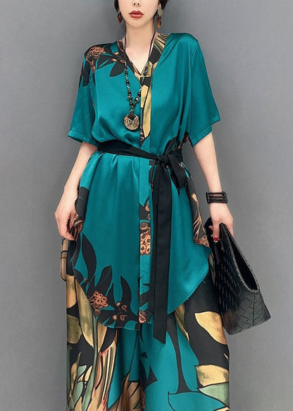 Unique Green Oversized Print Chiffon Women Sets 2 Pieces Summer LY1599