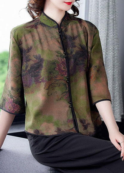 Unique Green Stand Collar Print Silk Shirt Tops Spring LY0472