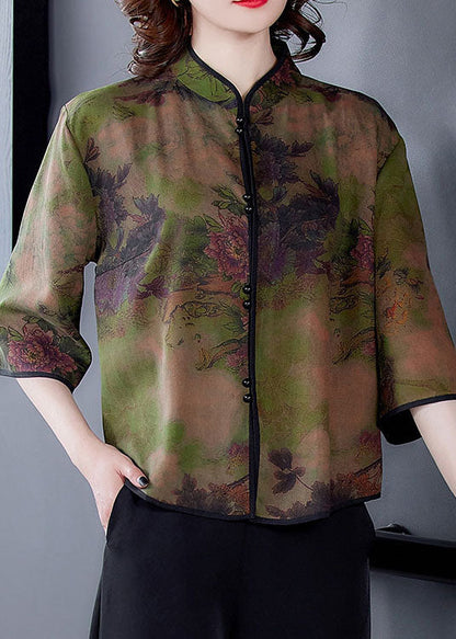 Unique Green Stand Collar Print Silk Shirt Tops Spring LY0472