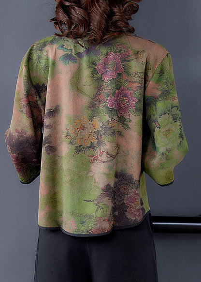 Unique Green Stand Collar Print Silk Shirt Tops Spring LY0472