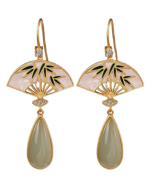 Unique Green Sterling Silver Overgild Pearl Zircon Fan Shaped Drop Earrings TW1040