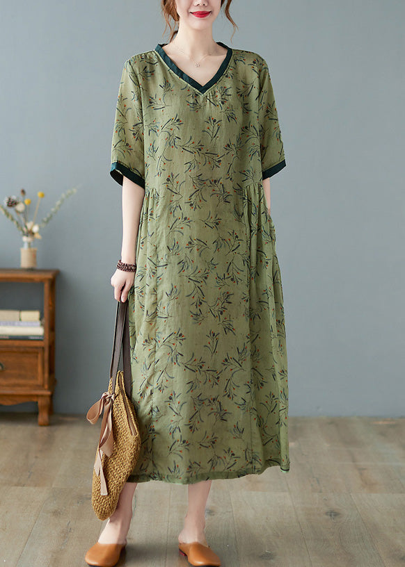 Unique Green V Neck Print Patchwork Linen Long Dress Summer LY0666