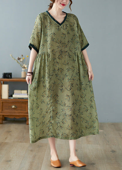 Unique Green V Neck Print Patchwork Linen Long Dress Summer LY0666