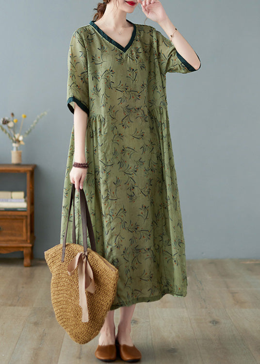 Unique Green V Neck Print Patchwork Linen Long Dress Summer LY0666