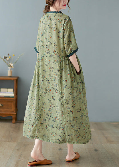 Unique Green V Neck Print Patchwork Linen Long Dress Summer LY0666