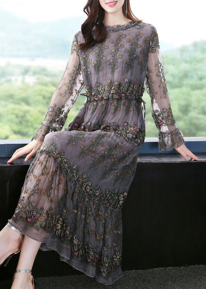 Unique Grey Embroideried Patchwork Silk Maxi Dresses Spring LY1004