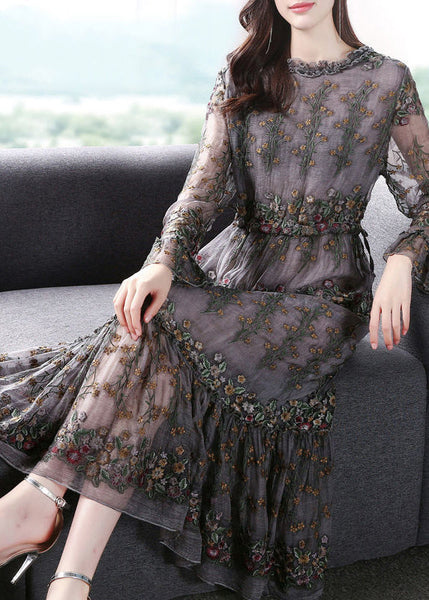 Unique Grey Embroideried Patchwork Silk Maxi Dresses Spring LY1004