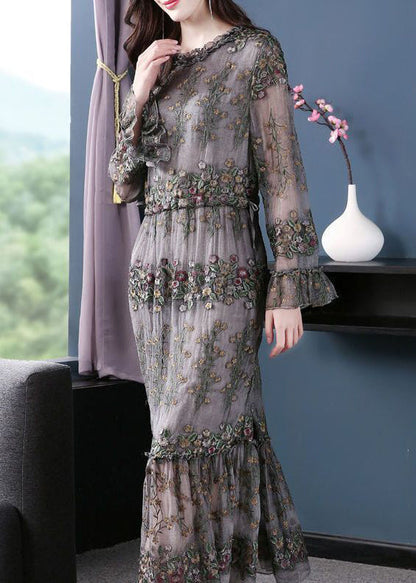 Unique Grey Embroideried Patchwork Silk Maxi Dresses Spring LY1004