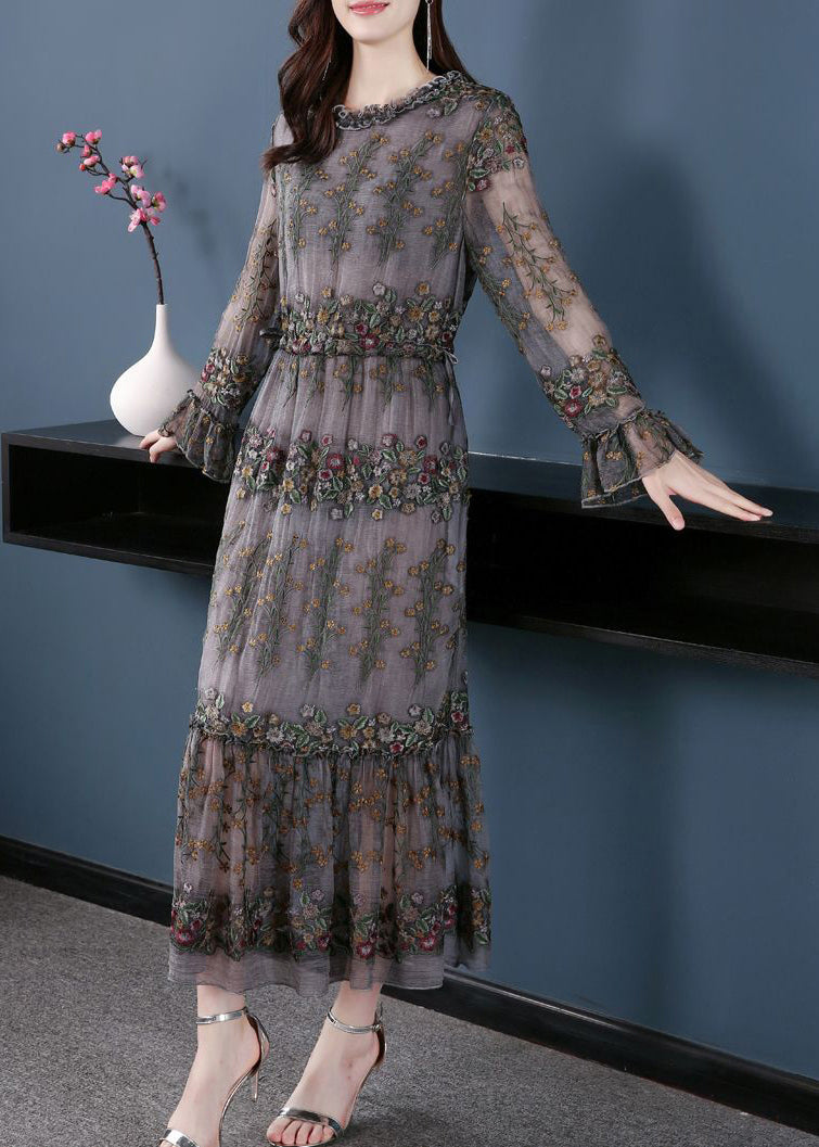 Unique Grey Embroideried Patchwork Silk Maxi Dresses Spring LY1004