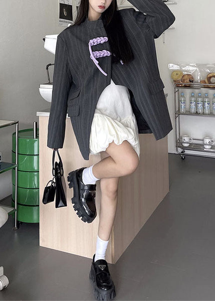 Unique Grey Stand Collar Striped Patchwork Cotton Coats Spring LY0769