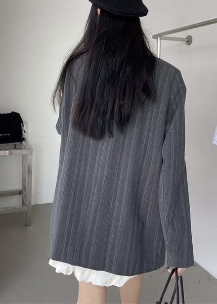 Unique Grey Stand Collar Striped Patchwork Cotton Coats Spring LY0769