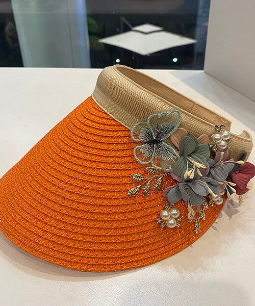 Unique Khaki Floral Straw Woven Floppy Sun Hat LY519