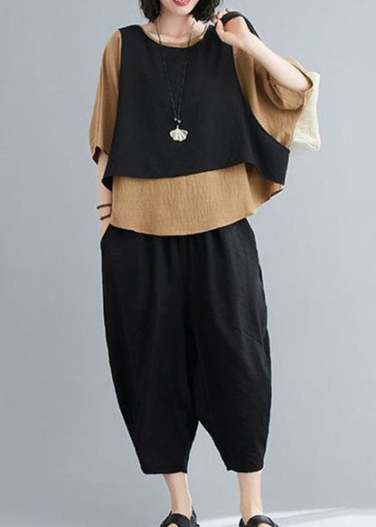 Unique Khaki O-Neck Patchwork Cotton Tops And Pants Pieces Set Summer LY0625