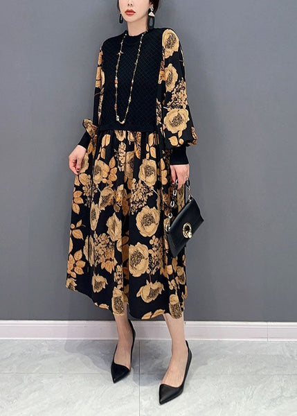 Unique Khaki Print Knit Patchwork Chiffon Dresses Lantern Sleeve LY1586