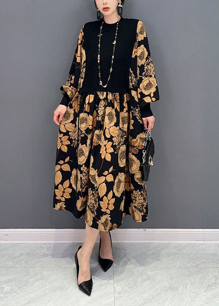 Unique Khaki Print Knit Patchwork Chiffon Dresses Lantern Sleeve LY1586