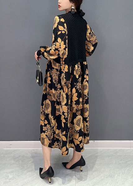 Unique Khaki Print Knit Patchwork Chiffon Dresses Lantern Sleeve LY1586
