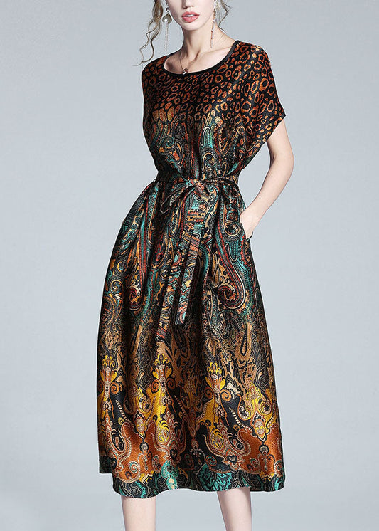 Unique Leopard O Neck Tie Waist Patchwork Silk Dress Summer LY1059