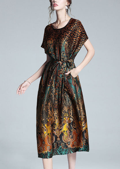 Unique Leopard O Neck Tie Waist Patchwork Silk Dress Summer LY1059