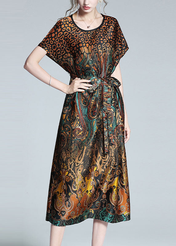 Unique Leopard O Neck Tie Waist Patchwork Silk Dress Summer LY1059