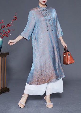 Unique Light Blue Stand Collar Tassel Gradient Color Silk Dresses Bracelet Sleeve LY1859