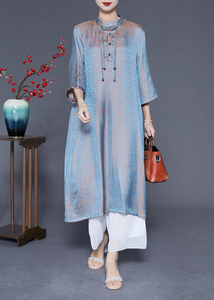 Unique Light Blue Stand Collar Tassel Gradient Color Silk Dresses Bracelet Sleeve LY1859