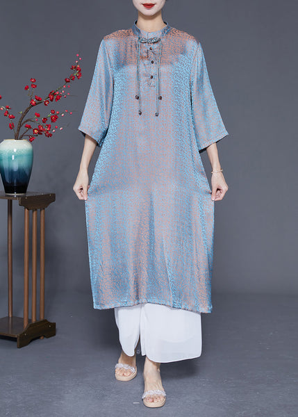 Unique Light Blue Stand Collar Tassel Gradient Color Silk Dresses Bracelet Sleeve LY1859