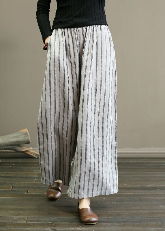 Unique Light Grey Elastic Waist Oversized Striped Linen Pants Trousers Summer LY1502