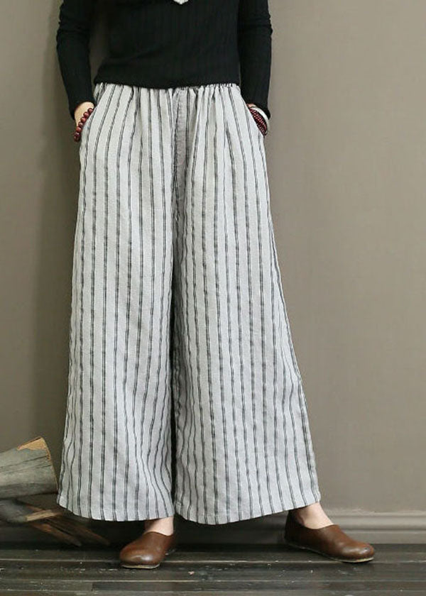 Unique Light Grey Elastic Waist Oversized Striped Linen Pants Trousers Summer LY1502