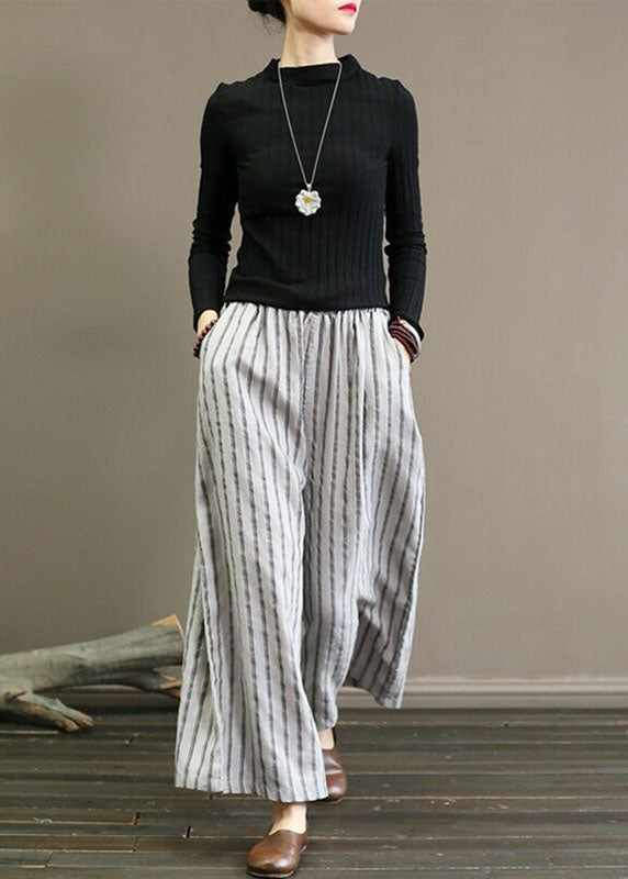 Unique Light Grey Elastic Waist Oversized Striped Linen Pants Trousers Summer LY1502