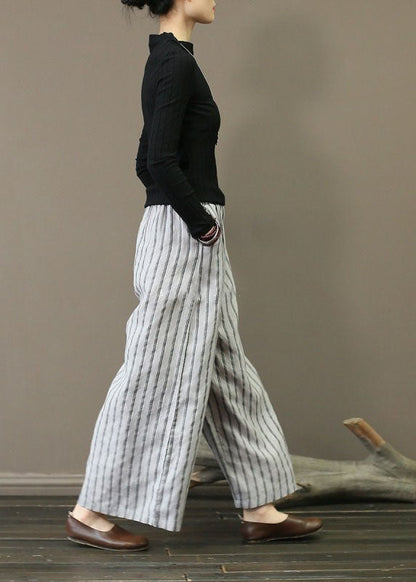 Unique Light Grey Elastic Waist Oversized Striped Linen Pants Trousers Summer LY1502