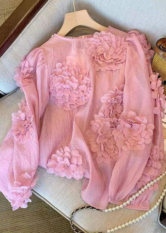 Unique Pink O Neck Floral Decorated Chiffon Shirt Tops Spring LY1426