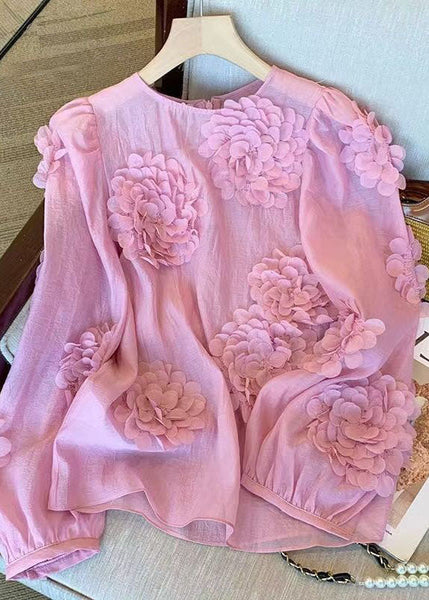 Unique Pink O Neck Floral Decorated Chiffon Shirt Tops Spring LY1426
