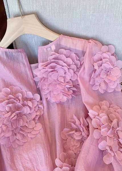 Unique Pink O Neck Floral Decorated Chiffon Shirt Tops Spring LY1426