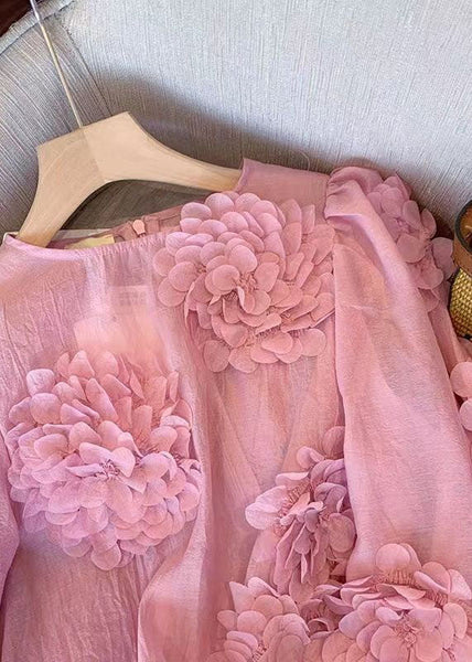 Unique Pink O Neck Floral Decorated Chiffon Shirt Tops Spring LY1426