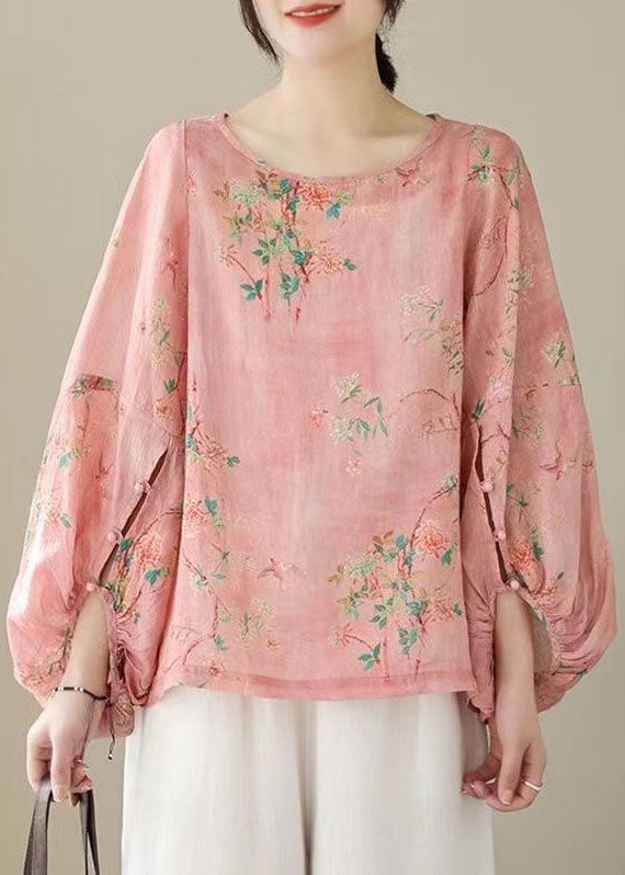 Unique Pink O Neck Print Patchwork Cotton Top Lantern Sleeve TP1001